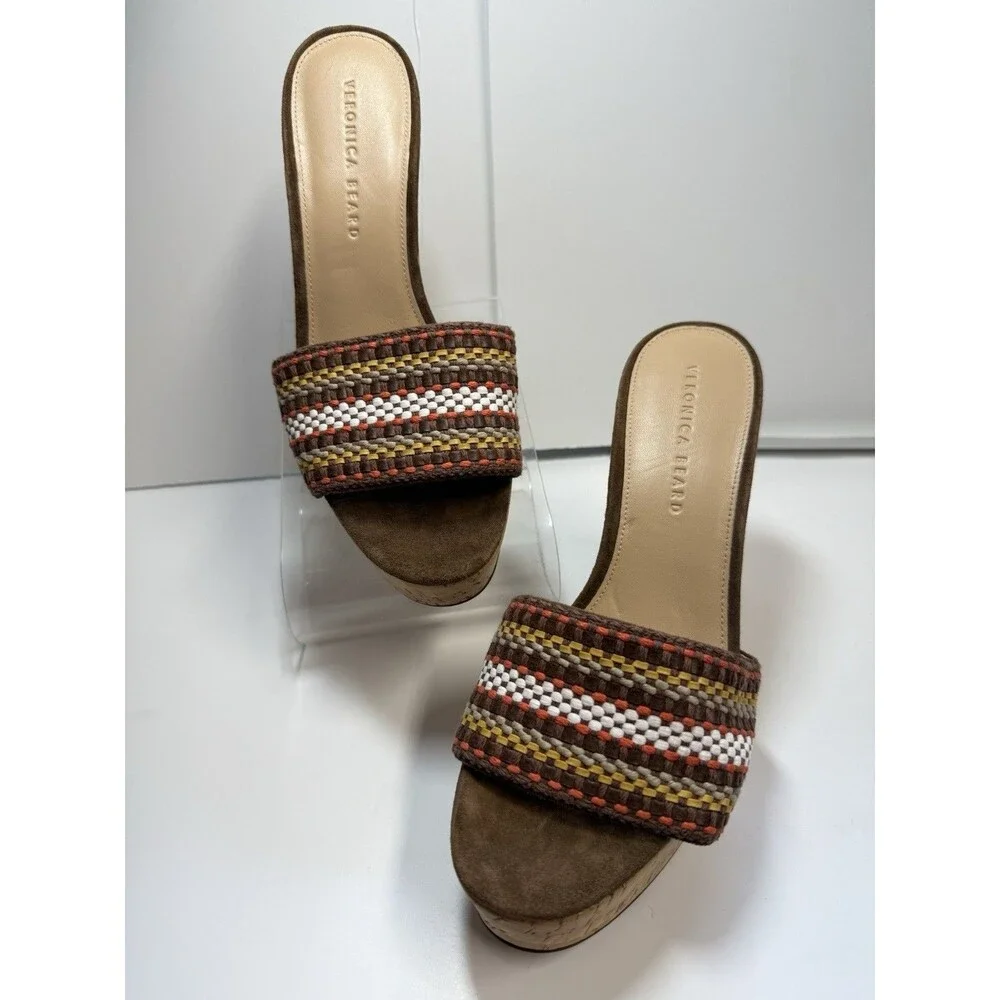 Veronica Beard Dali Raffia Wedge Sandals In Brown Multi Sz 9.5 New
